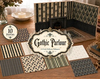 Dollhouse Wallpaper Gothic Printable, 1:12 Scale Miniature Wallpaper, Gothic Parlour Seamless Patterns, Victorian Dollhouse Papers, JJ167