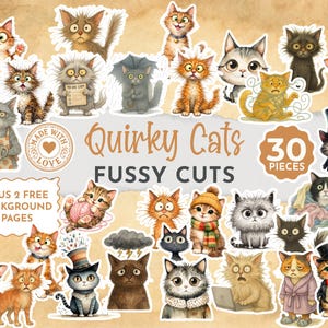 Puede incluir: Una colección de 30 pegatinas recortadas de gatos extravagantes. Las pegatinas presentan varios gatos de dibujos animados en diferentes poses y atuendos, con el texto "Quirky Cats" y "Fussy Cuts". Las pegatinas están sobre un fondo texturizado.