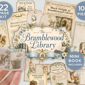 May include: A collection of vintage-style paper ephemera with the text "The Bramblewood Library." The kit includes tags, postcards, and a mini book, featuring illustrations of woodland creatures and floral accents. The kit includes over 100 pieces.