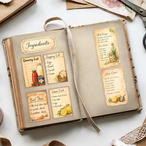 Diario imprimible con temática de cocina, kit de recetas efímeras imprimibles, tarjetas de recetas para cocina campestre, etiquetas de notas, complemento vintage para cocina JJ106 imagen 3