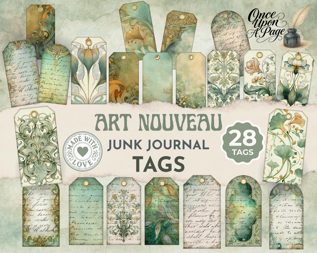Digital Junk Journal Printable Ephemera Vintage Tags, Art Nouveau Tags ...