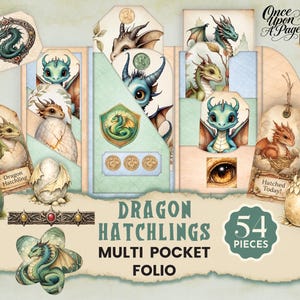 May include: A multi-pocket folio featuring dragon hatchlings. The design includes tags, cards, and decorative elements with illustrations of baby dragons, eggs, and a dragon eye. The text reads "Dragon Hatchlings Multi Pocket Folio" and "54 Pieces".