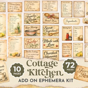 Diario imprimible con temática de cocina, kit de recetas efímeras imprimibles, tarjetas de recetas para cocina campestre, etiquetas de notas, complemento vintage para cocina JJ106 imagen 1