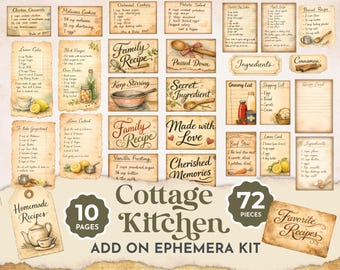 Diario imprimible con temática de cocina, kit de recetas efímeras imprimibles, tarjetas de recetas para cocina campestre, etiquetas de notas, complemento vintage para cocina JJ106