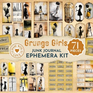 Puede incluir: Un kit de efímera para junk journal con 71 piezas que incluye ilustraciones de niñas en diversos entornos, estructuras industriales y etiquetas de texto. La colección contiene tarjetas, etiquetas rectangulares y pegatinas en tonos amarillo, marrón y negro.