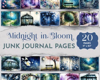 Midnight Garden Junk Journal Pages, Floral Moonlight Paper Set, Dreamy Blue and Purple Scrapbook Backgrounds, Printable digital papers JJ047