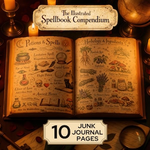 May include: An open, antique-style book titled "The Illustrated Spellbook Compendium" with pages displaying potion recipes and herbology illustrations. The image includes lit candles, keys, and the text "10 Junk Journal Pages."