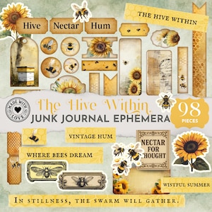 Bee Junk Journal Printables, Honeybee Ephemera Kit, Sunflower Fussy Cuts, Bee Words & Labels, Vintage Journal Supplies, 98 Piece Set JJ064