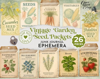 Paquetes de semillas para diarios basura, semillas de jardín vintage Fussy Cuts, etiquetas para verduras, hierbas y frutas, efímeras de estilo cottagecore JJ101