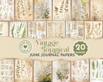 May include: A collection of 20 vintage botanical junk journal papers featuring various plant illustrations, dried leaves, and ferns on aged, textured paper backgrounds. The text "Vintage Botanical 20 JUNK JOURNAL PAPERS" is displayed prominently.