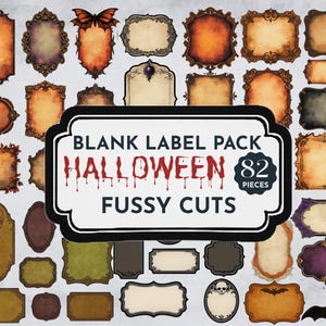 May include: A collection of 82 blank Halloween-themed labels in various shapes and sizes. The labels feature ornate frames, vintage textures, and spooky designs, including bats, skulls, and butterflies. The text "BLANK LABEL PACK HALLOWEEN FUSSY CUTS" is displayed on a central label.