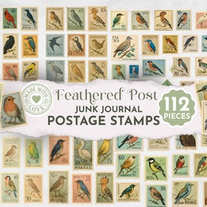 May include: A collection of 112 vintage-style postage stamps featuring various colorful bird illustrations. The stamps are arranged on a white background with the text "Feathered Post Junk Journal Postage Stamps".