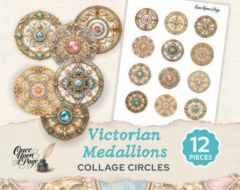 May include: A collection of 12 circular medallions featuring intricate gold, blue, and pink floral and geometric patterns with central gemstone-like accents. The sheet includes the text Once Upon a Page, Victorian Medallions, and Collage Circles.