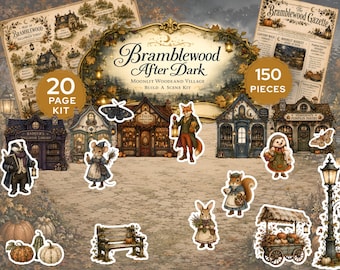 Interactive Fussy Cuts, Printable Junk Journal Build Scene Kit, Bramblewood After Dark Halloween Village, Moonlit Woodland Backgrounds JJ141