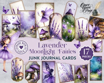 Junk Journal Printables Fairy Cards, Lavender Moonlight Fairies Journal Cards, Purple Fairy Ephemera Set, Magical Woodland Cards JJ107