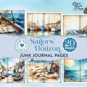 Könnte beinhalten: Eine Sammlung von Aquarell-Junk-Journal-Seiten mit nautischem Thema. Die Bilder zeigen Segelboote, Leuchttürme und Küstenszenen. Der Text lautet "Sailors' Horizon" und "20 Pages". Die Farbpalette besteht aus weichen Blau-, Braun- und Weißtönen.