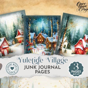 Può includere: Tre pagine di diario di arte ad acquerello con una scena di villaggio invernale con case e alberi innevati. Il testo "Yuletide Village" e "Junk Journal Pages" sono visualizzati. Le pagine misurano 21,59 cm x 27,94 cm.
