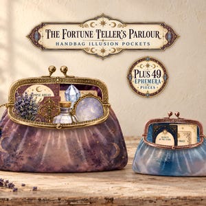May include: Two clasp-closure handbags featuring celestial and botanical prints. The larger purple bag displays a gold frame and a crystal charm, while the smaller blue bag holds cards labeled Secrets of the Stars and The Oracle. Text reads The Fortune Teller's Parlour.