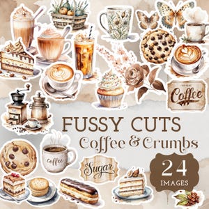 May include: A selection of watercolour stickers depicting coffee, cakes, and related items. Includes coffee cups, pastries, and the text "Fussy Cuts Coffee & Crumbs". The image has a vintage aesthetic.