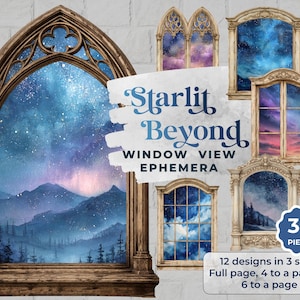 May include: A collection of window view ephemera featuring watercolor paintings of starry skies and mountain landscapes. The designs include arched and rectangular window frames in various styles, with the text "Starlit Beyond" and "36 Pieces".