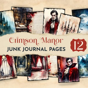 Vampire Junk Journal Paper, Spooky Junk Journal Pages, Gothic Halloween Printable, Dracula Ephemera, Crimson Manor Junk Journal JJ054