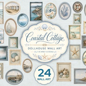 May include: A collection of 24 miniature framed wall art pieces featuring coastal and nautical themes, including seascapes, lighthouses, seashells, and beach scenes. The central label reads Coastal Cottage DOLLHOUSE WALL ART 1:12 AND 1:6 SCALE.