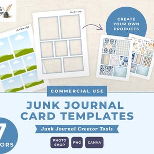 May include: Junk journal card templates for commercial use, featuring printable sheets with grid layouts and landscape illustrations. Includes text labels: Once Upon A Page, Create Your Own Products, Junk Journal Card Templates, Junk Journal Creator Tools, Photoshop, PNG, Canva, and 7 Colors.