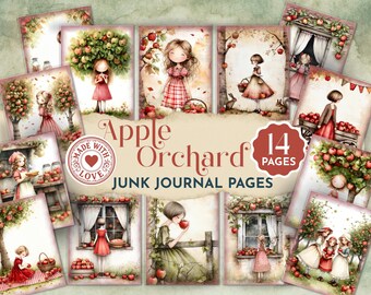 Op de afbeelding: Een verzameling van 14 digitale junk journal pagina's getiteld Apple Orchard, met illustraties van kinderen in appelboomgaarden, rode appels, houten kisten en rustieke ramen, met een centraal embleem met de tekst Made With Love.