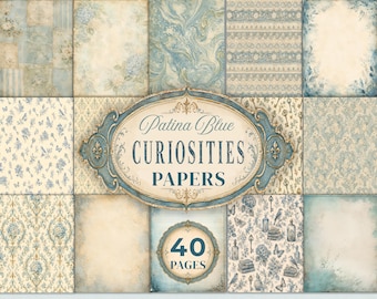 Papeles digitales Patina Blue Junk Journal, papel digital Shabby Chic, fondos azules vintage, páginas antiguas imprimibles, scrapbooking JJ142