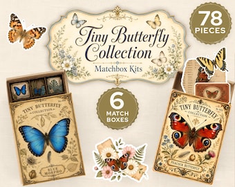 Paquete de kit imprimible para diario creativo con diseño de caja de cerillas, kit digital de mariposas para diario creativo, mariposas recortadas con precisión, imprimibles en miniatura y efímeros.