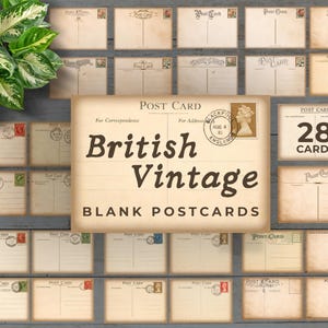 May include: A collection of 28 vintage-style blank postcards. The postcards are beige with a distressed look, featuring the text "British Vintage Blank Postcards." Some postcards have postage stamps and postmarks.