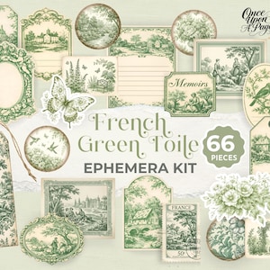 Könnte beinhalten: Eine Sammlung von 66 Teilen des French Green Toile Ephemera Kits, darunter Etiketten, Anhänger und dekorative Elemente. Die Designs zeigen pastorale Szenen in Grün- und Cremetönen, mit dem Text "French Green Toile Ephemera Kit".