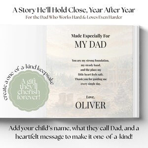 May include: Open book with text: "A Story He'll Hold Close, Year After Year" and "Made Especially For MY DAD." Includes a heartfelt message and the name "OLIVER." A green circular graphic says "A gift they'll cherish forever!"