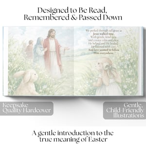 K&ouml;nnte beinhalten: Ein Kinderbuch mit Illustrationen von Jesus und einem Hasen auf einer Wiese. Der Text lautet "Zum Lesen, Erinnern und Weitergeben" und "Eine sanfte Einf&uuml;hrung in die wahre Bedeutung von Ostern". Das Buch wird als "Hardcover in Museumsqualit&auml;t" und "Sanfte, kinderfreundliche Illustrationen" beschrieben.