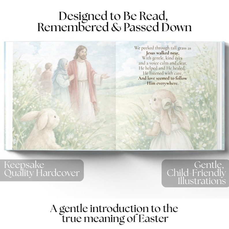 K&ouml;nnte beinhalten: Ein Kinderbuch mit Illustrationen von Jesus und einem Hasen auf einer Wiese. Der Text lautet "Zum Lesen, Erinnern und Weitergeben" und "Eine sanfte Einf&uuml;hrung in die wahre Bedeutung von Ostern". Das Buch wird als "Hardcover in Museumsqualit&auml;t" und "Sanfte, kinderfreundliche Illustrationen" beschrieben.
