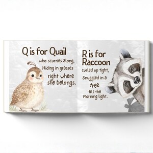May include: An illustrated children's book with text. One page shows a quail with the text "Q is for Quail". The facing page features a raccoon with the text "R is for Raccoon". The book has a light grey background.