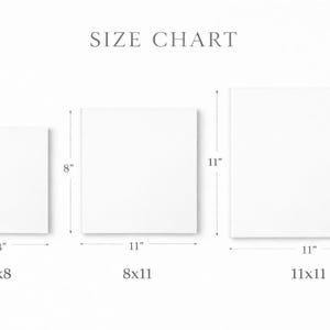 K&ouml;nnte beinhalten: Eine Gr&ouml;&szlig;entabelle mit drei wei&szlig;en quadratischen Leinw&auml;nden. Die kleinste misst 20x20 cm, die mittlere 20x28 cm und die gr&ouml;&szlig;te 28x28 cm. Der Text "SIZE CHART" steht oben.