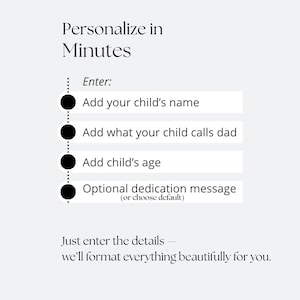 May include: A graphic with the text "Personalize in Minutes." It lists fields to enter: child's name, what the child calls dad, child's age, and an optional dedication message. The text "Just enter the details - we'll format everything beautifully for you."