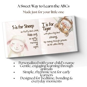 May include: An open book with illustrations and text. The left page features a sheep and the text "S is for Sheep." The right page shows a tiger with the text "T is for Tiger." The book's title is "A Sweet Way to Learn the ABCs."