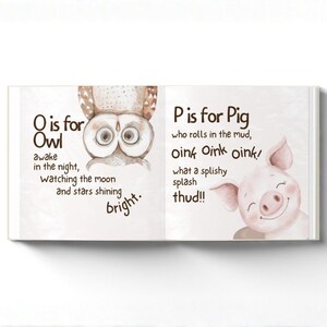 May include: Open book with illustrations and text. One page shows an owl with the text "O is for Owl" and a poem. The other page shows a pig with the text "P is for Pig" and a poem.