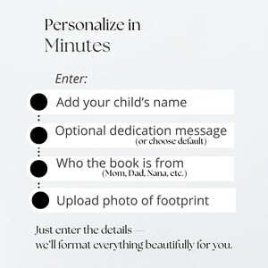 May include: A white instructional graphic with black text reading: Personalize in Minutes. Enter: Add your child's name, Optional dedication message (or choose default), Who the book is from (Mom, Dad, Nana, etc.), Upload photo of footprint. Just enter the details.