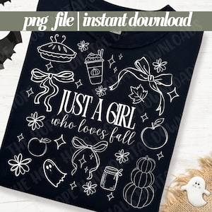 Coquette Fall PNG Just a girl Doodle collage grillig PNG handgetekende pompoen retro preppy spice latte trendy sublimatie digitale muurkunst