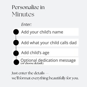 May include: A graphic with the text "Personalize in Minutes." It lists fields to enter: child's name, what the child calls dad, child's age, and an optional dedication message. The text promises to format everything beautifully.