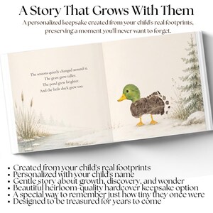 May include: A hardcover book titled A Story That Grows With Them, featuring a page with a watercolor illustration of a duckling with a footprint-textured body, standing near a pond, with text about seasons and growth printed on the left side.