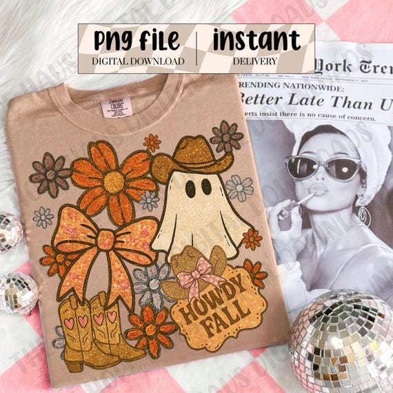 Western Halloween Ghost Coquette Png, Cowgirl Halloween Shirt Design, Girly Fall Pumpkin Sublimation, Floral Ghost Bow Png