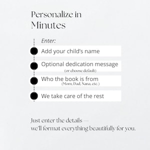 K&ouml;nnte beinhalten: Bild mit Text: "Personalisieren in Minuten." Anweisungen zum Hinzuf&uuml;gen des Namens eines Kindes, einer optionalen Widmung und des Autors des Buches. Der Text verspricht, alles wundersch&ouml;n zu formatieren.