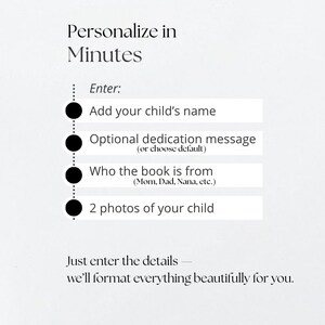 May include: A graphic with the text "Personalise in Minutes." Instructions include adding a child's name, a dedication message, who the book is from, and two photos. The text "Just enter the details - we'll format everything beautifully for you" is also included.