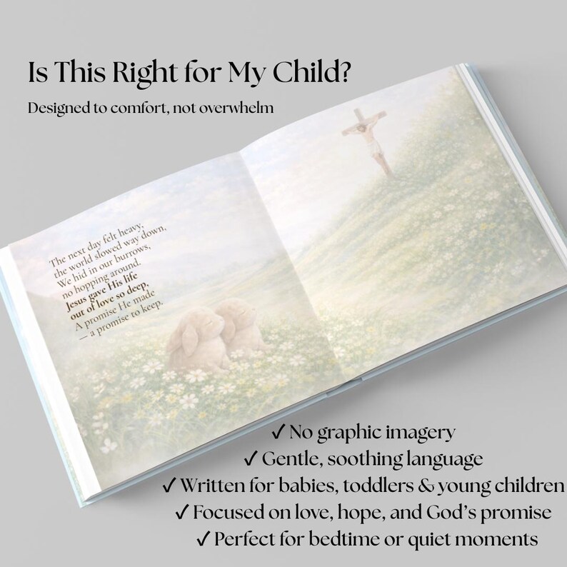 K&ouml;nnte beinhalten: Ein offenes Buch mit sanften Illustrationen. Der Titel lautet "Ist das richtig f&uuml;r mein Kind?" und "Entworfen, um zu tr&ouml;sten, nicht zu &uuml;berw&auml;ltigen." Das Buch zeigt eine Zeichnung von Jesus auf einem H&uuml;gel und zwei Hasen in einem Blumenfeld. F&uuml;r Babys und Kleinkinder.