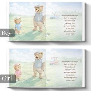 May include: A children's book illustration featuring three teddy bears on a golf course. One bear is holding a golf club, while the other two stand nearby. The text on the page reads, "You laugh when things don't go your way."