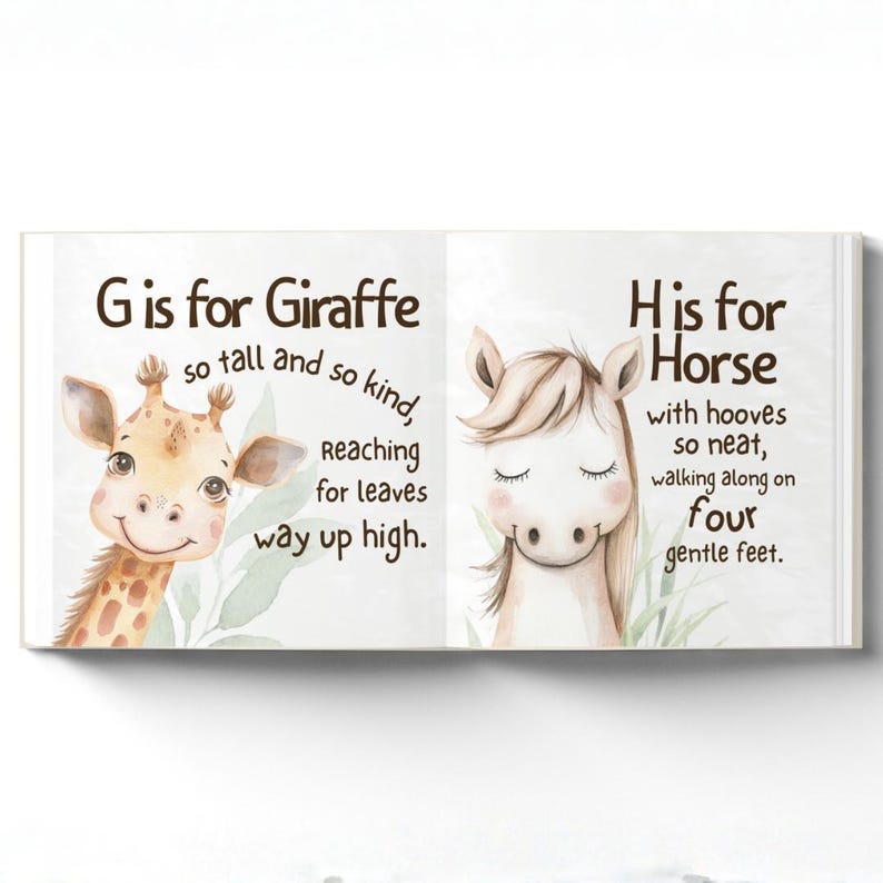 May include: An open children's book with illustrations of a giraffe and a horse. The left page reads "G is for Giraffe", and the right page reads "H is for Horse". The illustrations are in soft, pastel colours.